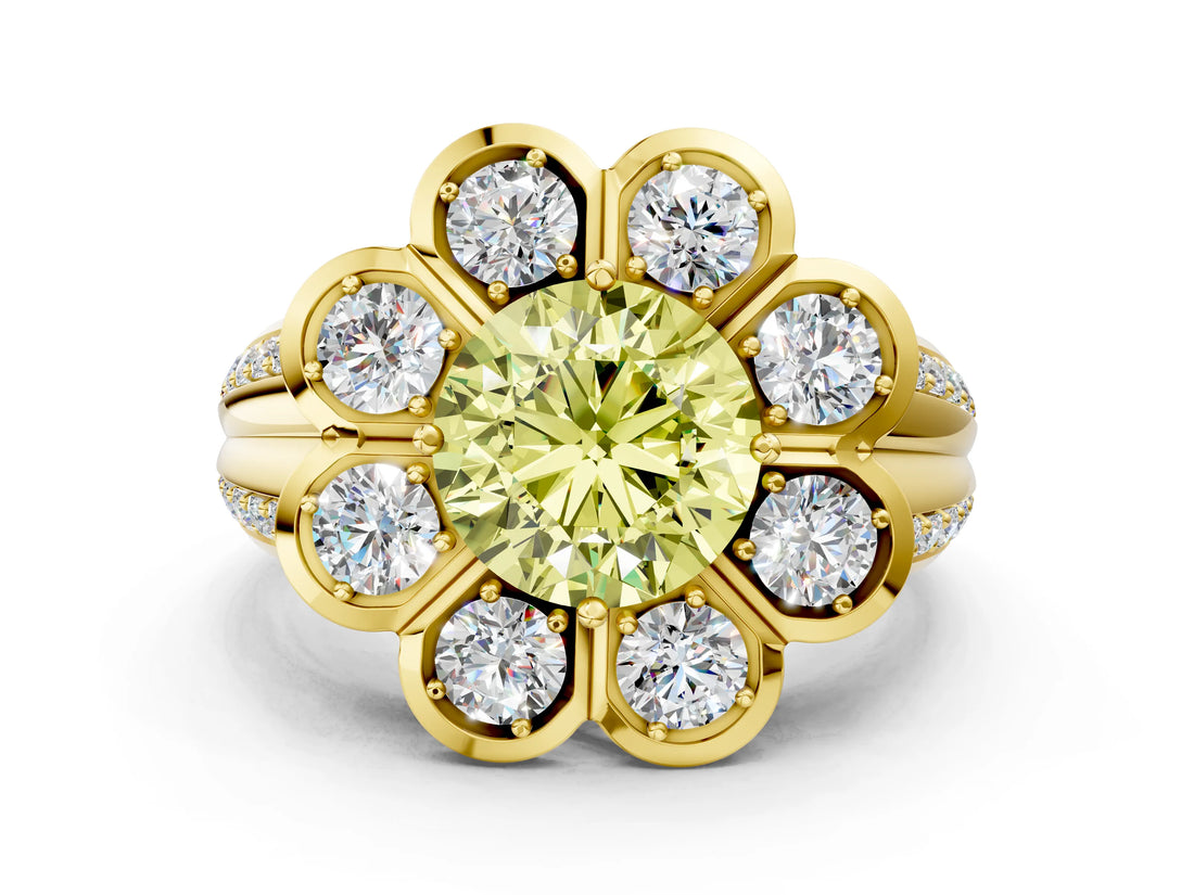 Yellow gold Fancy Yellow Round  Brilliant Flower Halo Diamond Split Shank Ring_51