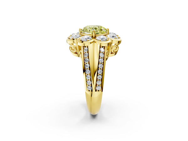 Yellow gold Fancy Yellow Round  Brilliant Flower Halo Diamond Split Shank Ring