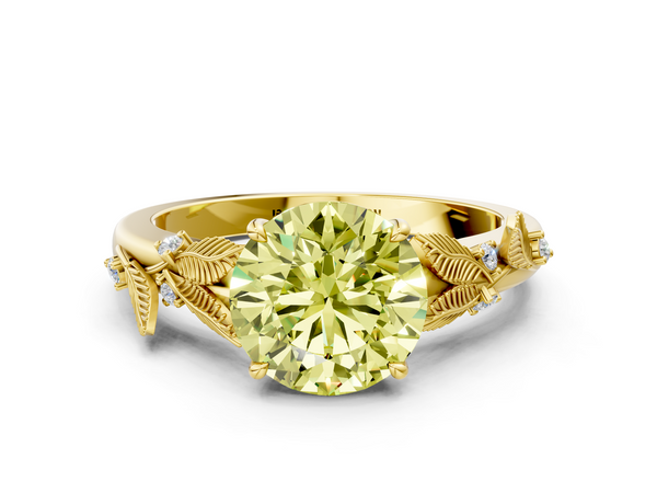 Yellow gold Fancy Yellow Round Cut Diamond Solitaire Ring with Leaf Motif Band and Four-Prong Setting