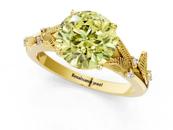Yellow gold Fancy Yellow Round Cut Diamond Solitaire Ring with Leaf Motif Band and Four-Prong Setting