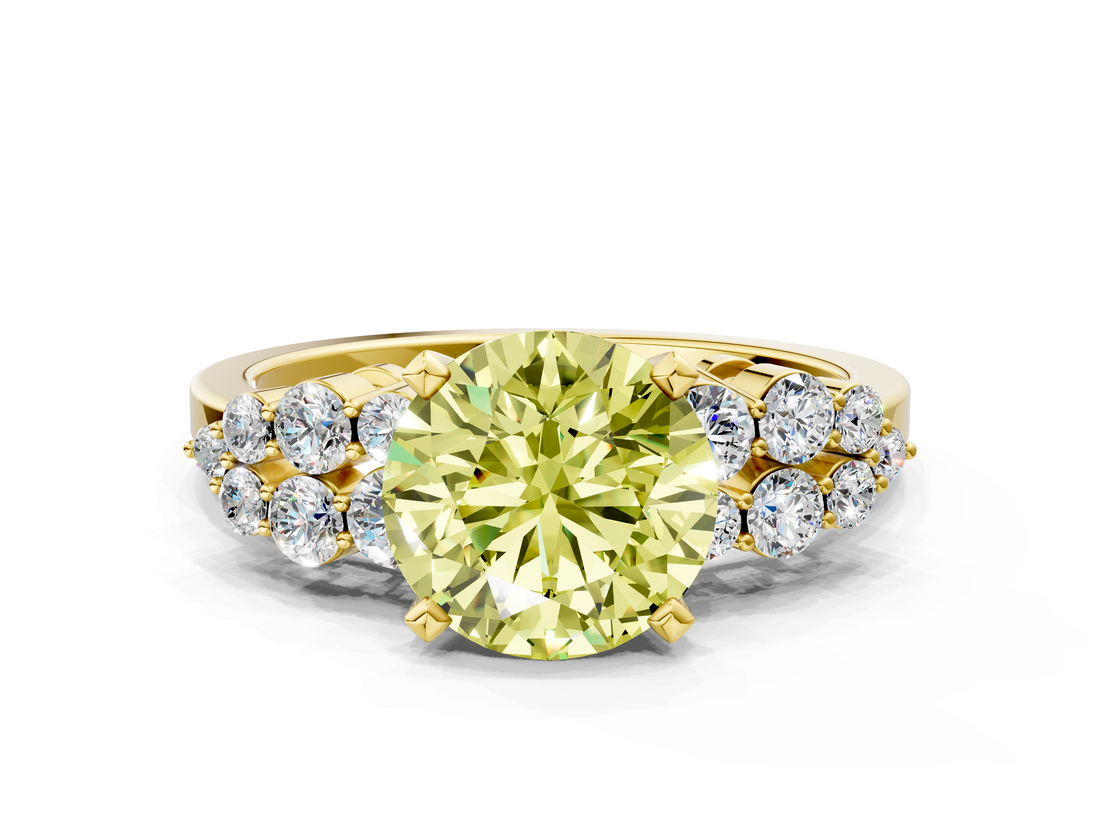 Yellow gold Fancy Yellow Round  Cluster Diamond Engagement Ring with Pavé Band and Four-Prong Setting