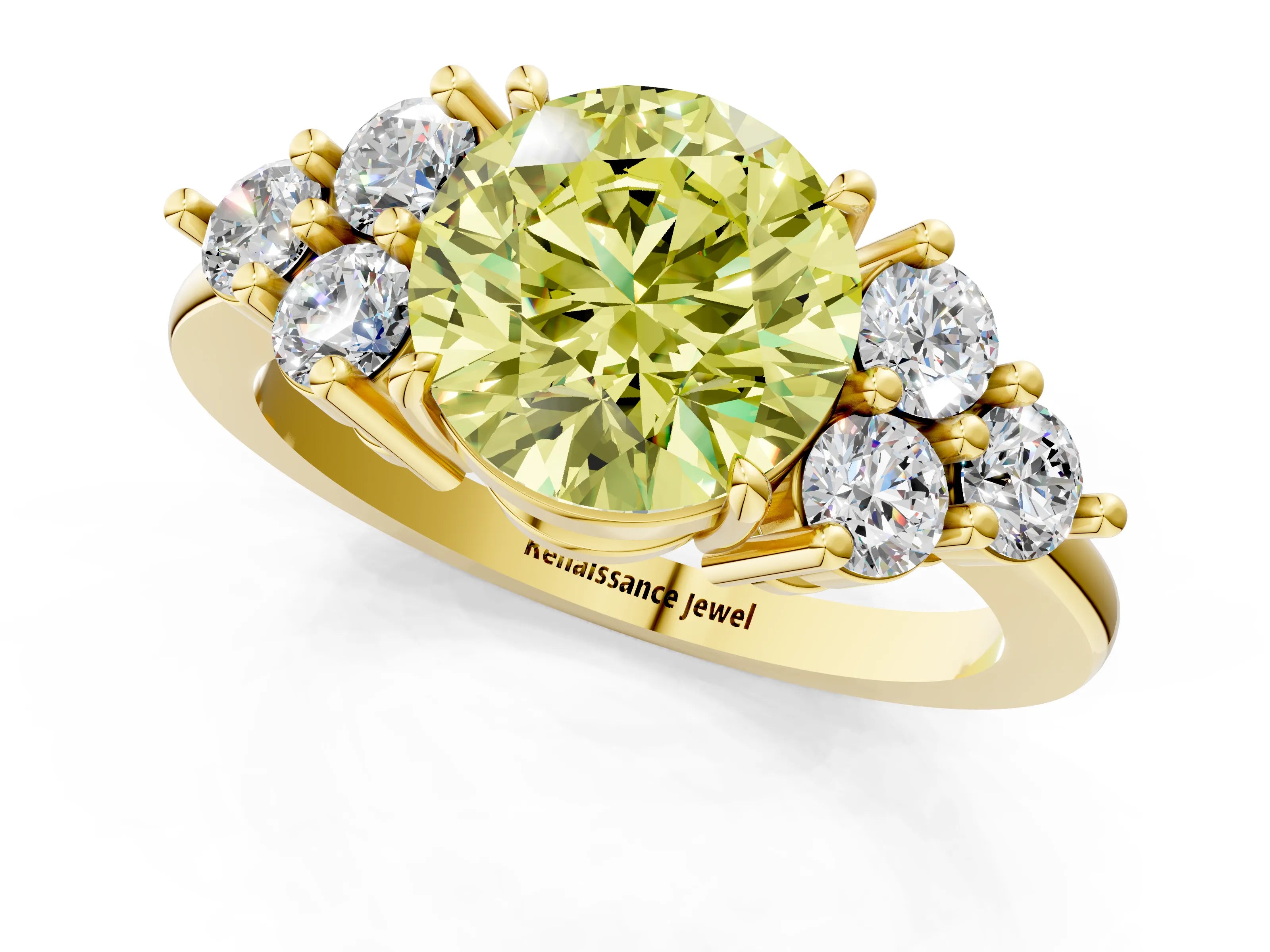 Yellow gold Fancy Yellow Round Cut Brilliant Diamond Cluster Accent Solitaire Ring with Prong Setting_1