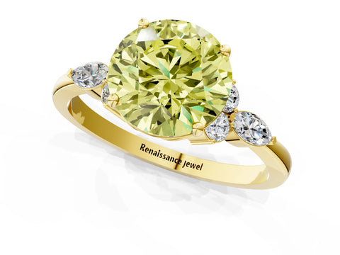 Yellow gold Fancy Yellow Round Cut Brilliant Diamond Solitaire Ring with Pear Side Stones and Four-Prong Setting_4