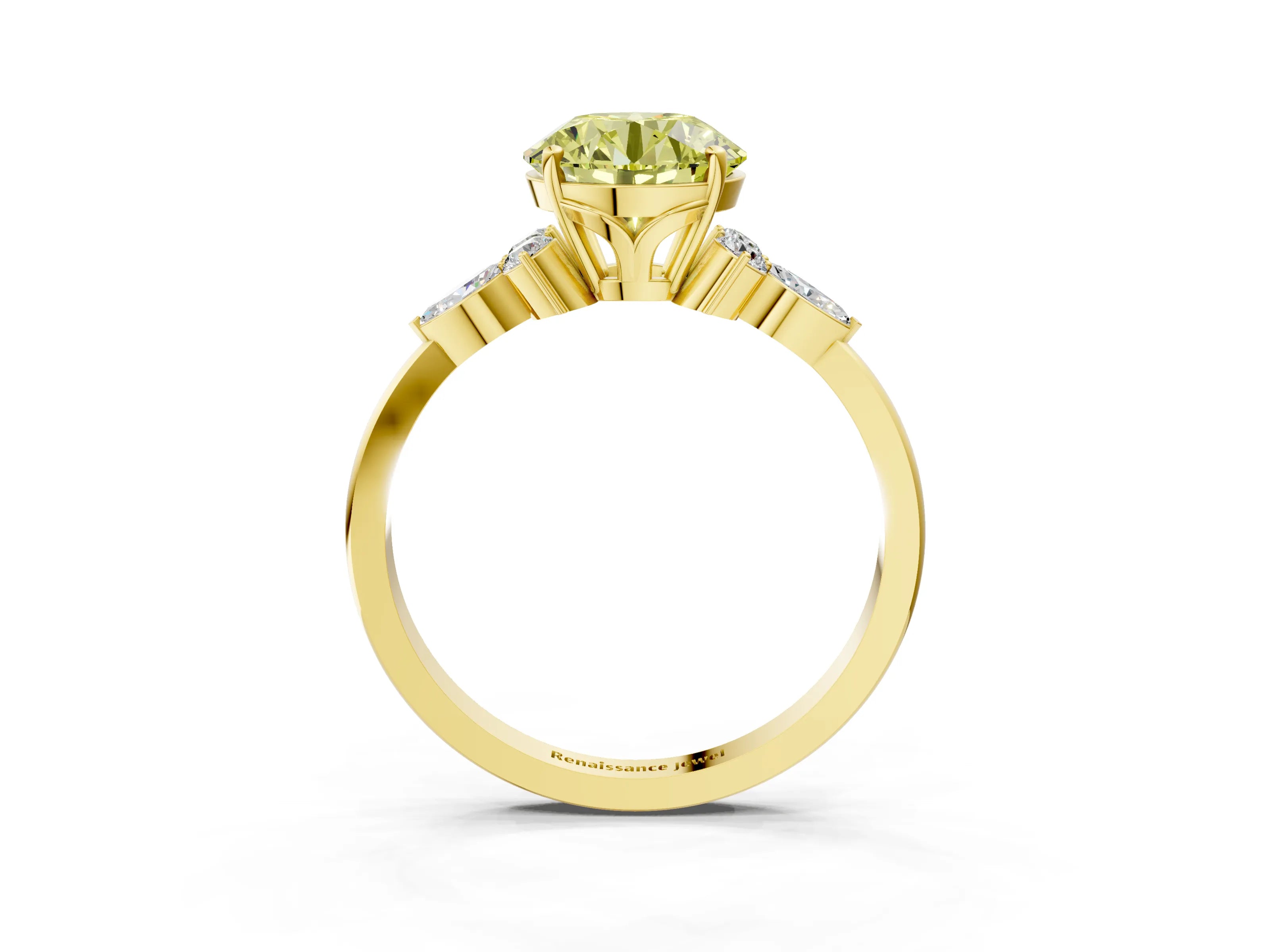 Yellow gold Fancy Yellow Round Cut Brilliant Diamond Solitaire Ring with Pear Side Stones and Four-Prong Setting_6