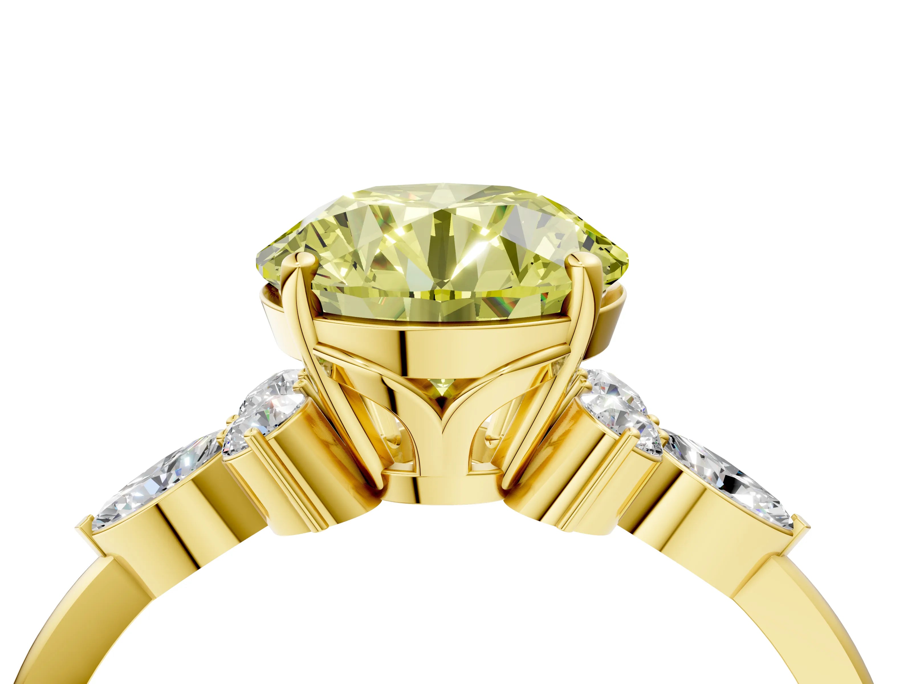 Yellow gold Fancy Yellow Round Cut Brilliant Diamond Solitaire Ring with Pear Side Stones and Four-Prong Setting_7