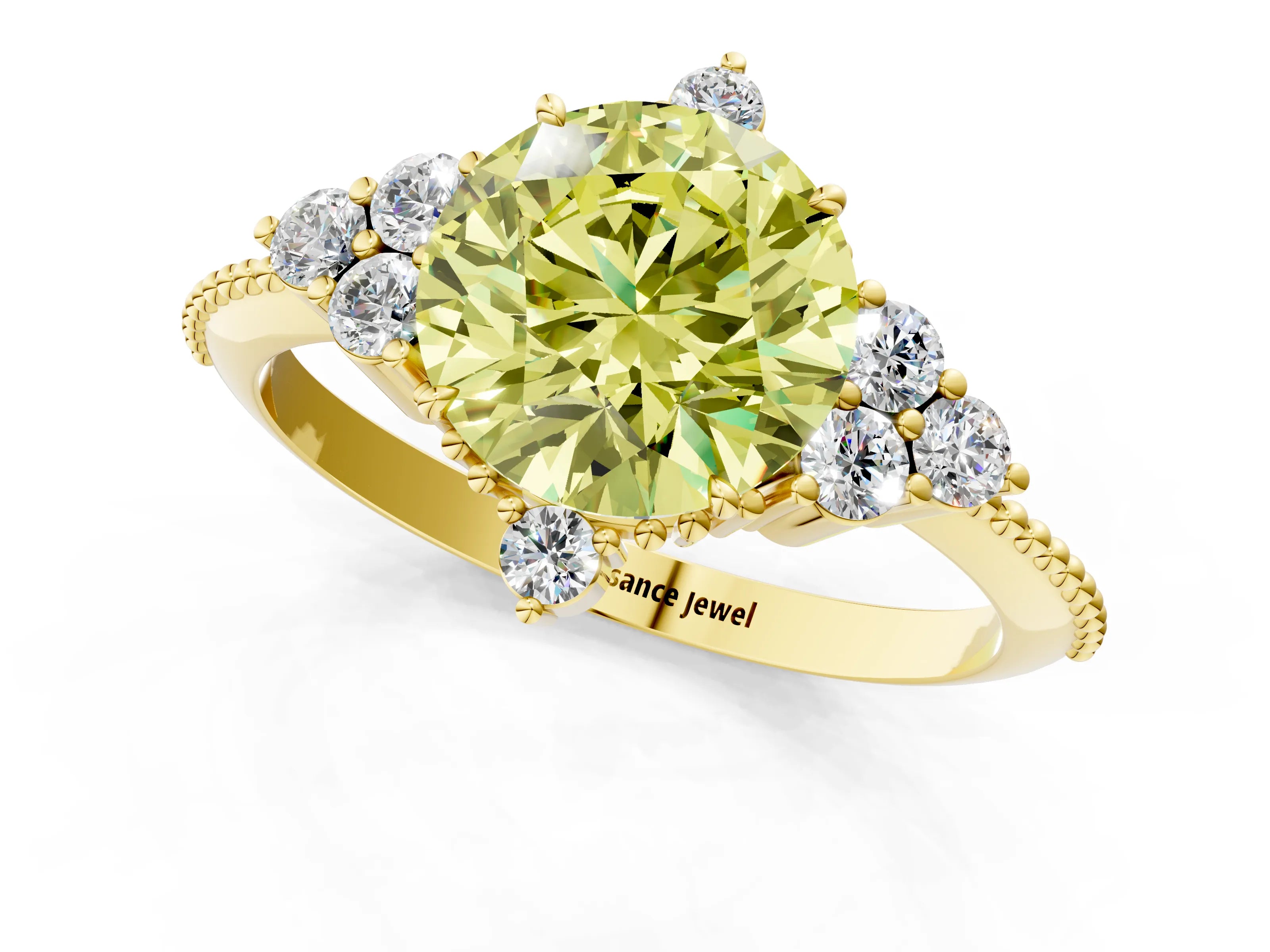 Yellow gold Fancy Yellow Round Cut Brilliant Diamond with Cluster Setting on a Beaded Band and Four-Prong Setting_1