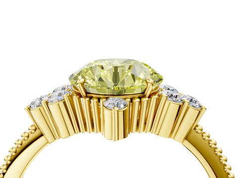 Yellow gold Fancy Yellow Round Cut Brilliant Diamond with Cluster Setting on a Beaded Band and Four-Prong Setting_4