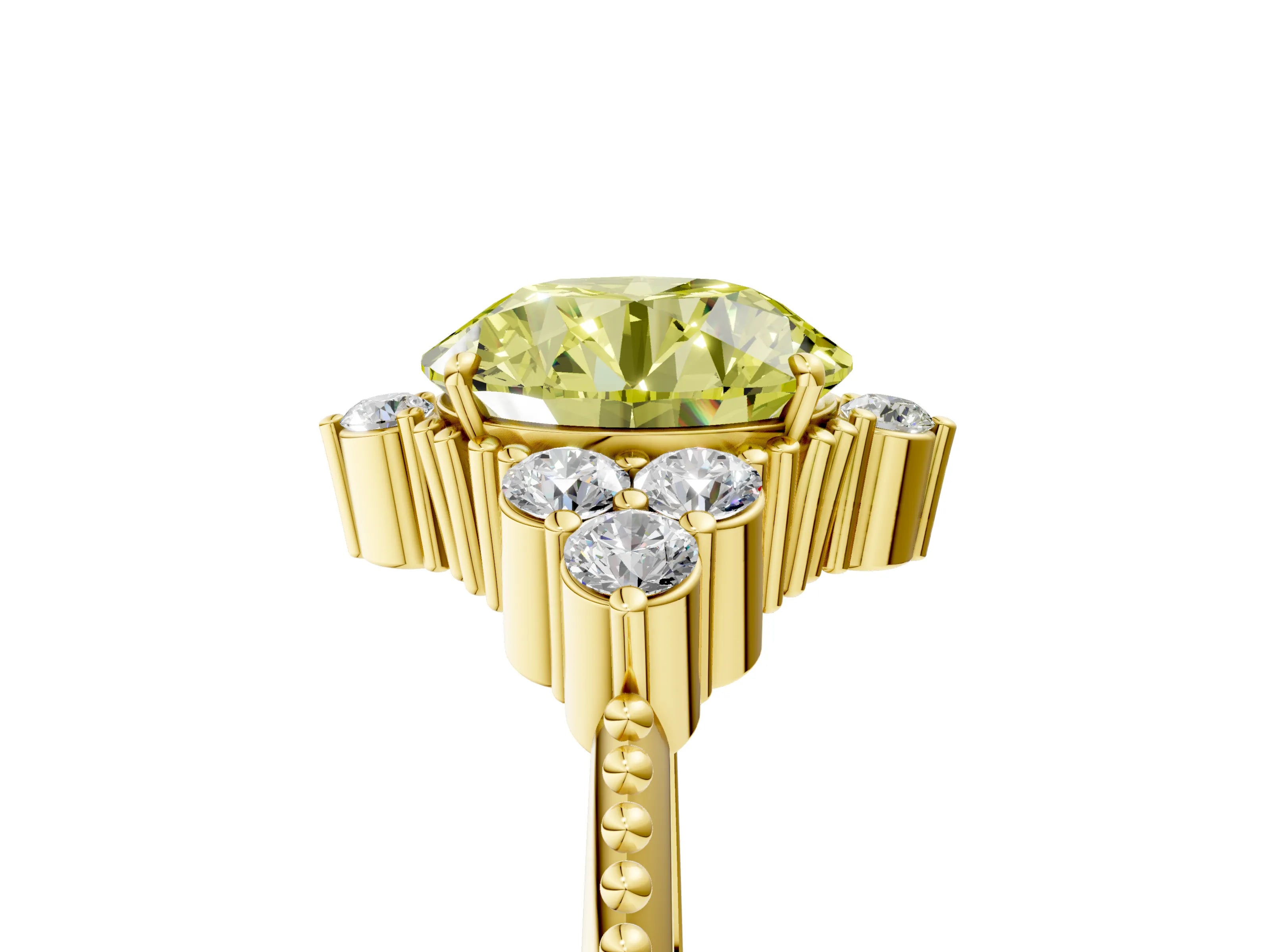 Yellow gold Fancy Yellow Round Cut Brilliant Diamond with Cluster Setting on a Beaded Band and Four-Prong Setting_5