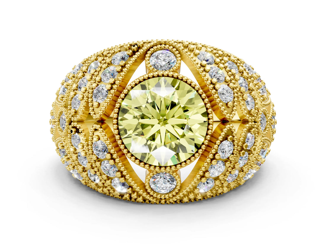 Yellow gold Fancy Yellow Round Cut Brilliant Halo Pave Diamond Milgrain Ring