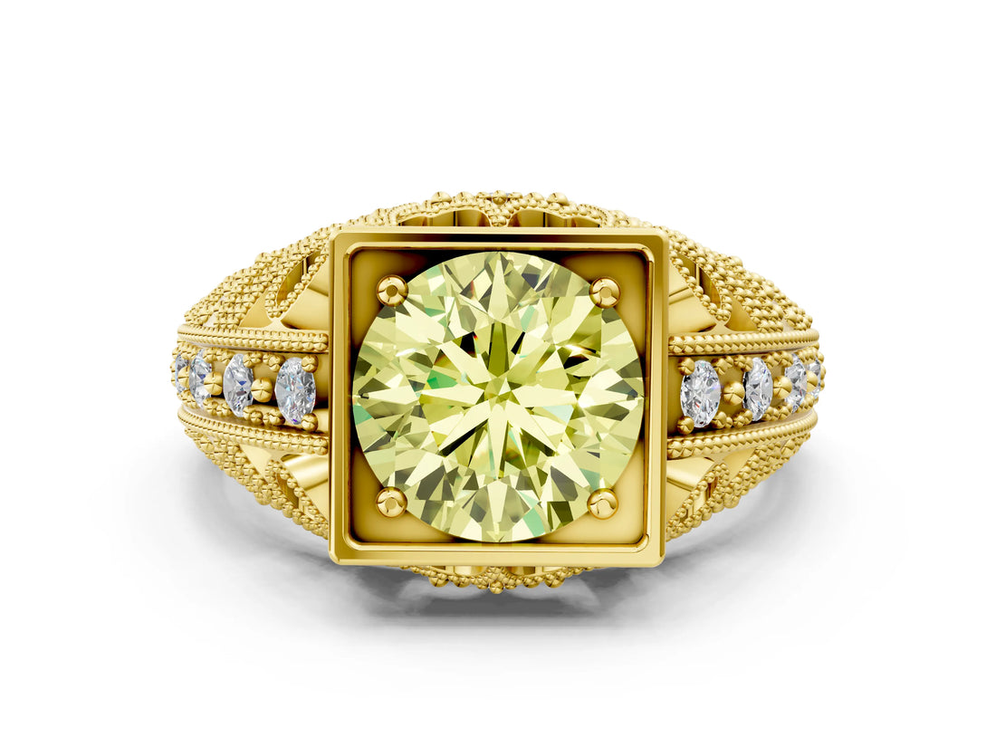 Yellow gold Fancy Yellow Round Cut Brilliant Milgrain Filigree Diamond Ring with Square Prong Setting
