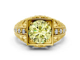 Yellow gold Fancy Yellow Round Cut Brilliant Milgrain Filigree Diamond Ring with Square Prong Setting