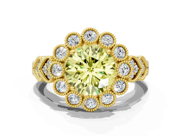 Yellow gold Fancy Yellow Round Cut Brilliant Milgrain Pave Heart Band Solitaire Ring