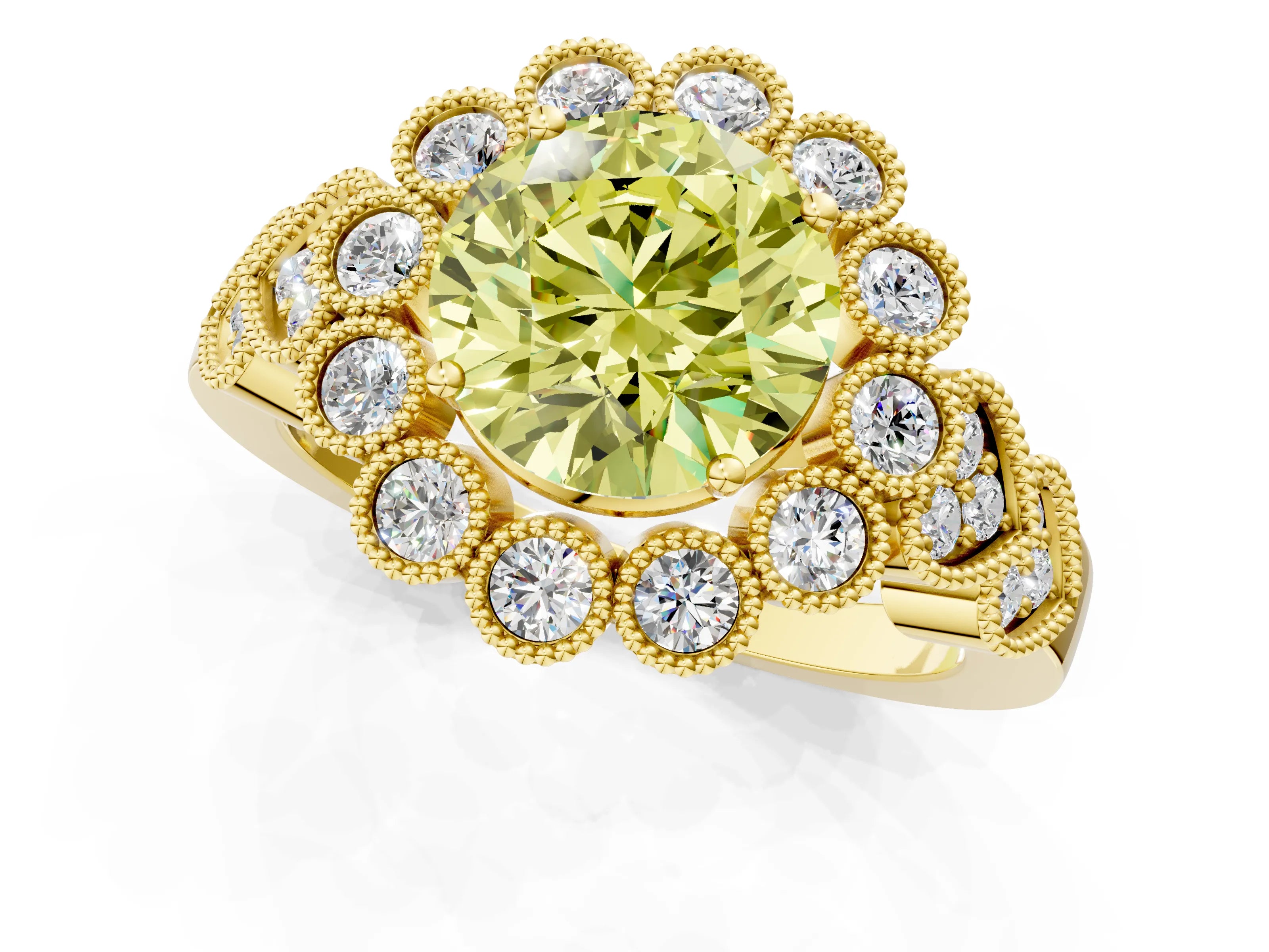 Yellow gold Fancy Yellow Round Cut Brilliant Milgrain Pave Heart Band Solitaire Ring_1