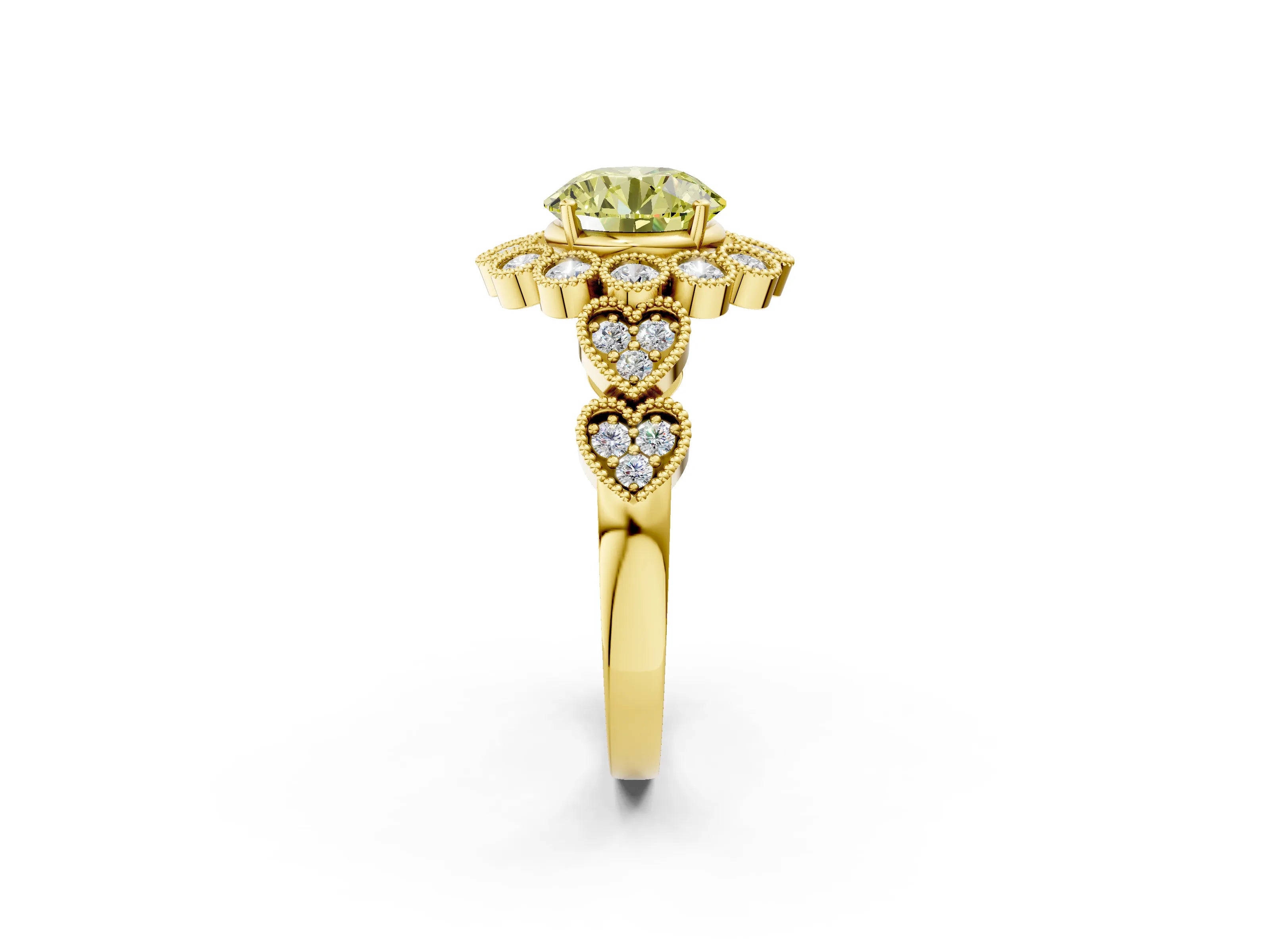 Yellow gold Fancy Yellow Round Cut Brilliant Milgrain Pave Heart Band Solitaire Ring_2
