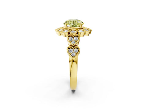 Yellow gold Fancy Yellow Round Cut Brilliant Milgrain Pave Heart Band Solitaire Ring_2