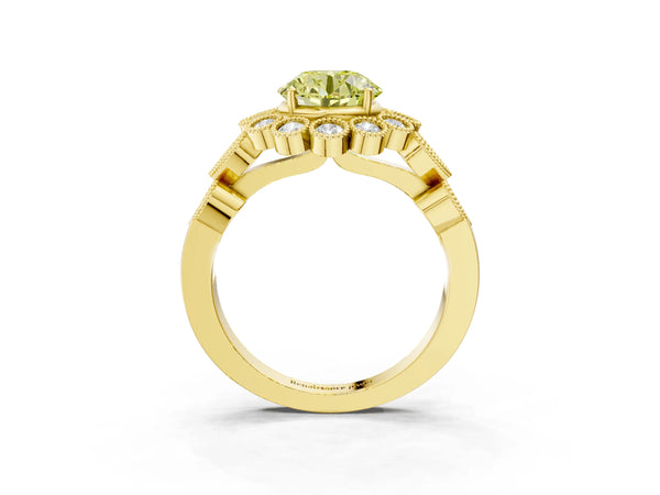 Yellow gold Fancy Yellow Round Cut Brilliant Milgrain Pave Heart Band Solitaire Ring