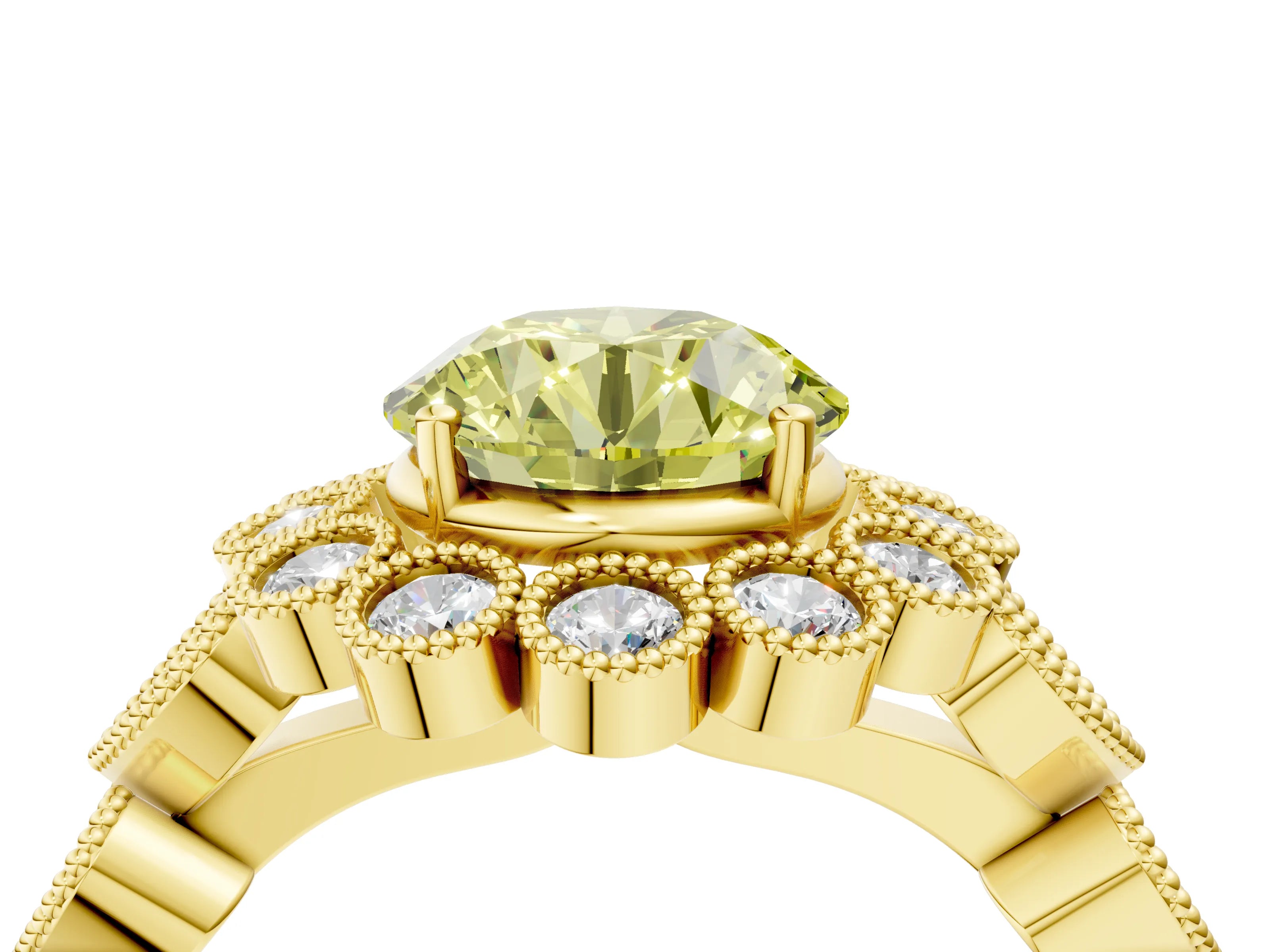 Yellow gold Fancy Yellow Round Cut Brilliant Milgrain Pave Heart Band Solitaire Ring_4