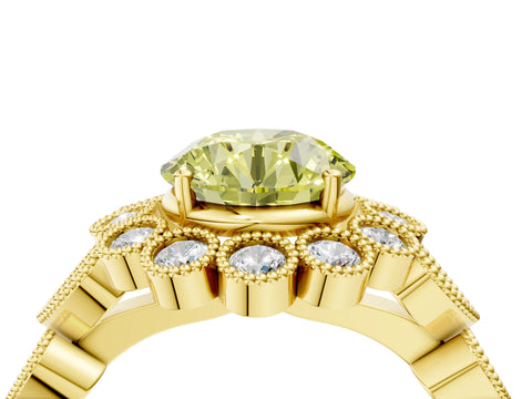 Yellow gold Fancy Yellow Round Cut Brilliant Milgrain Pave Heart Band Solitaire Ring_4