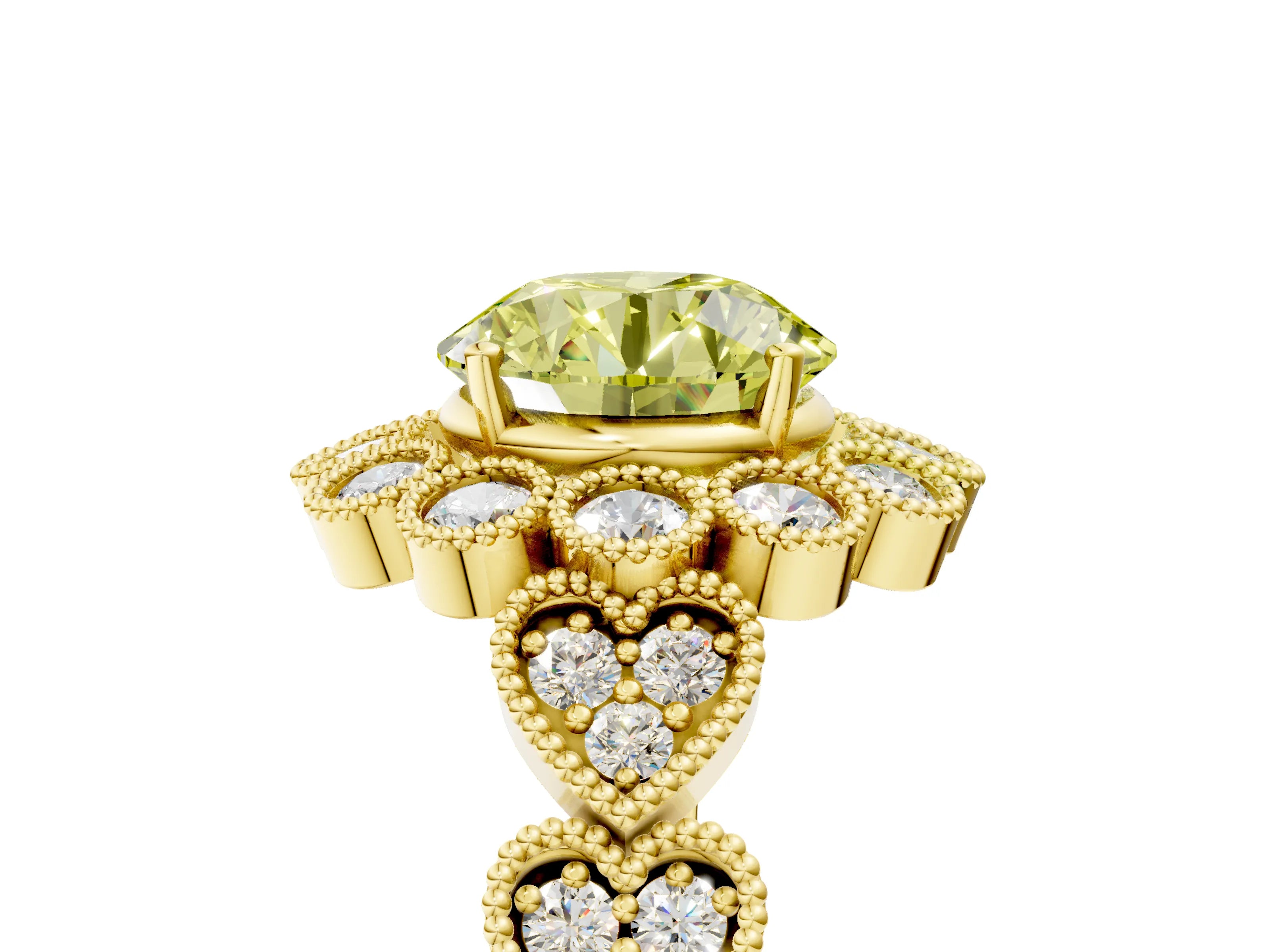Yellow gold Fancy Yellow Round Cut Brilliant Milgrain Pave Heart Band Solitaire Ring_5