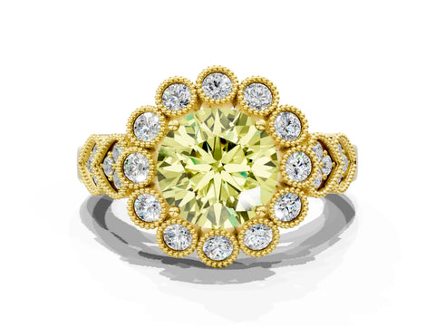 Yellow gold Fancy Yellow Round Cut Brilliant Milgrain Pave Heart Band Solitaire Ring