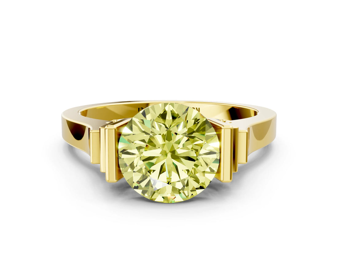 Yellow gold Fancy Yellow Round Cut Brilliant Solitaire Diamond Ring with Channel Set Band and Bar Prong Setting