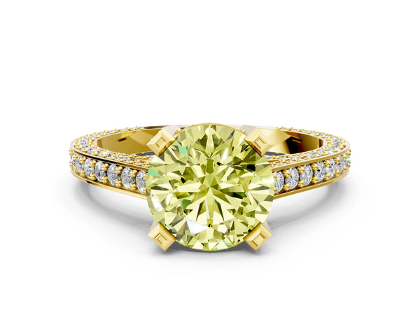 Yellow gold Fancy Yellow Round Cut Brilliant Split Shank Pave Solitaire Ring with Four-Prong Setting