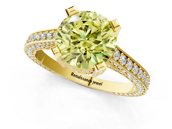 Yellow gold Fancy Yellow Round Cut Brilliant Split Shank Pave Solitaire Ring with Four-Prong Setting