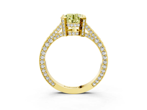 Yellow gold Fancy Yellow Round Cut Brilliant Split Shank Pave Solitaire Ring with Four-Prong Setting