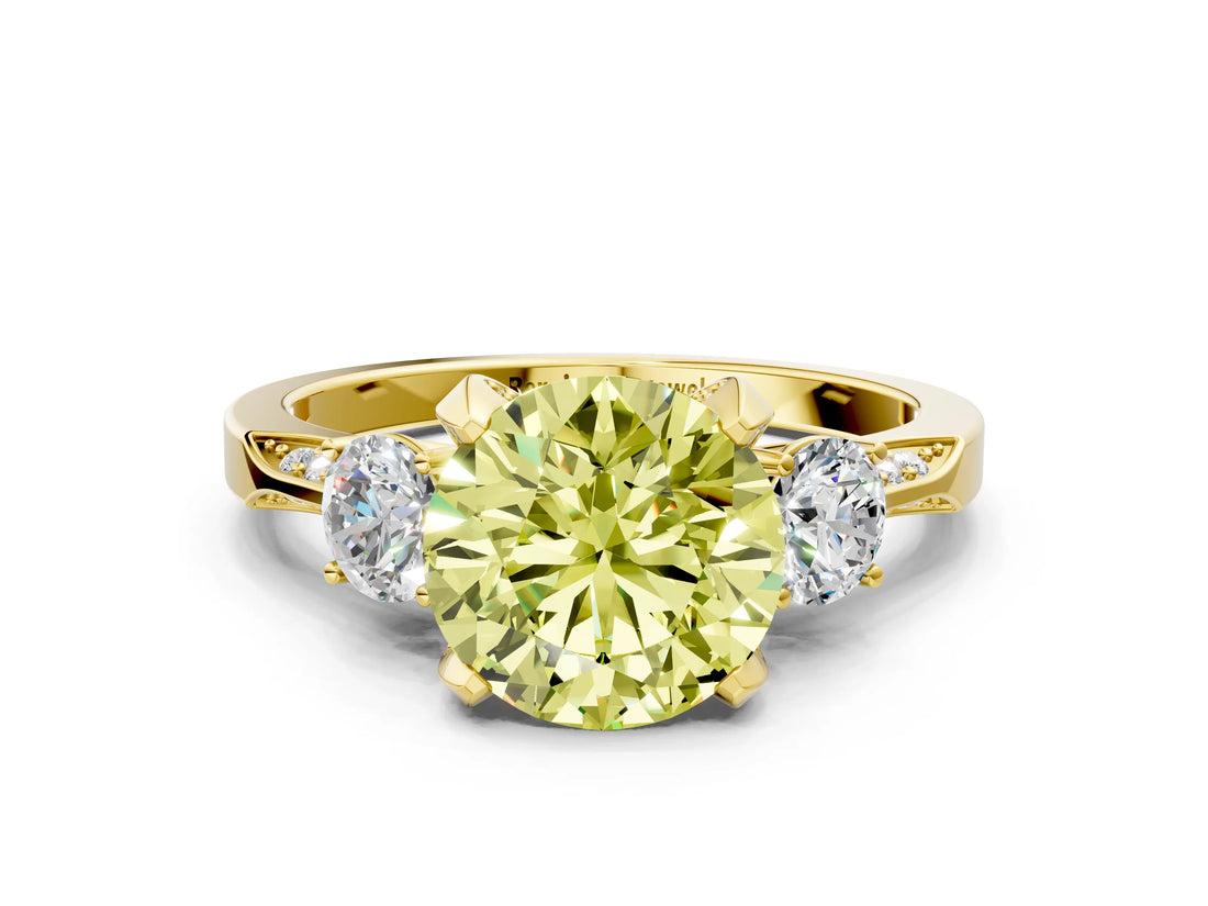 Yellow gold Fancy Yellow Round Cut Brilliant Three-Stone Diamond Ring with Pavé Band and Four-Prong Setting_3