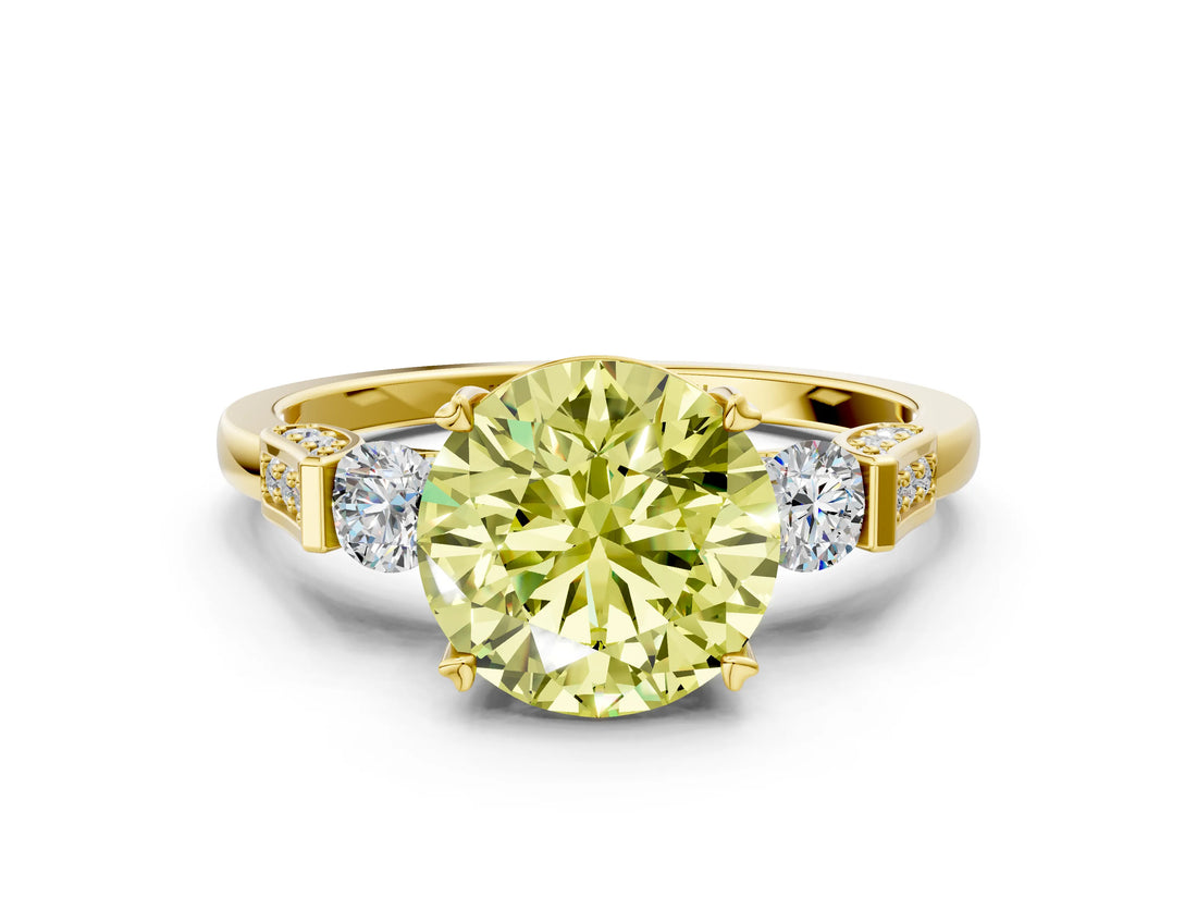 Yellow gold Fancy Yellow Round Cut Brilliant Three-Stone Pave Band with Four-Prong Setting