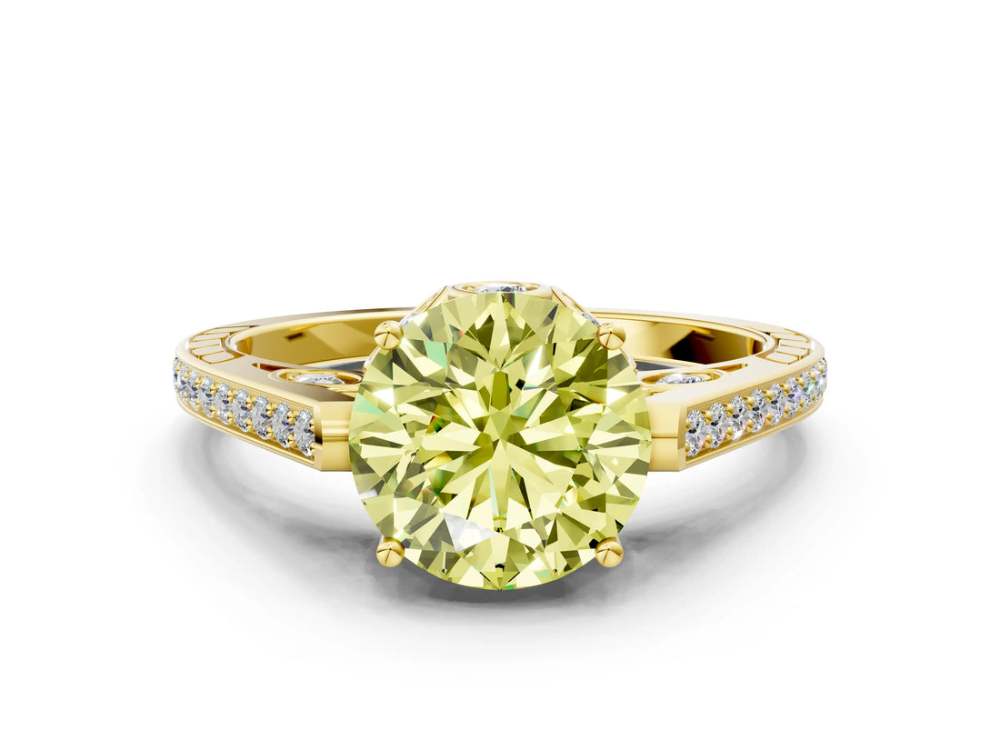 Yellow gold Fancy Yellow Round  Cut Cathedral Pave Diamond Engagement Ring with Six-Prong Setting_31