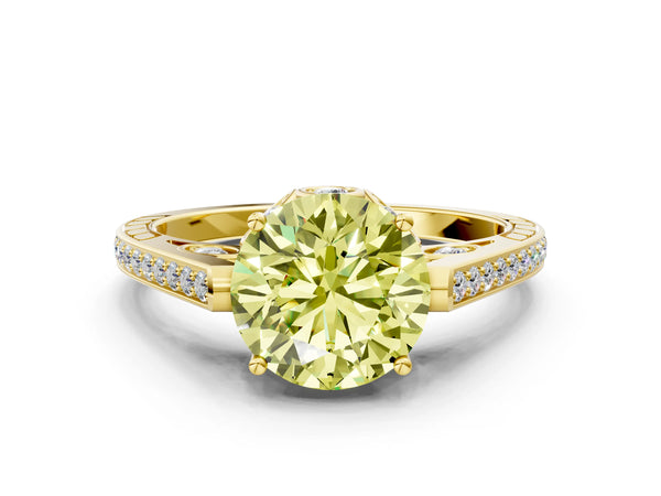 Yellow gold Fancy Yellow Round  Cut Cathedral Pave Diamond Engagement Ring with Six-Prong Setting