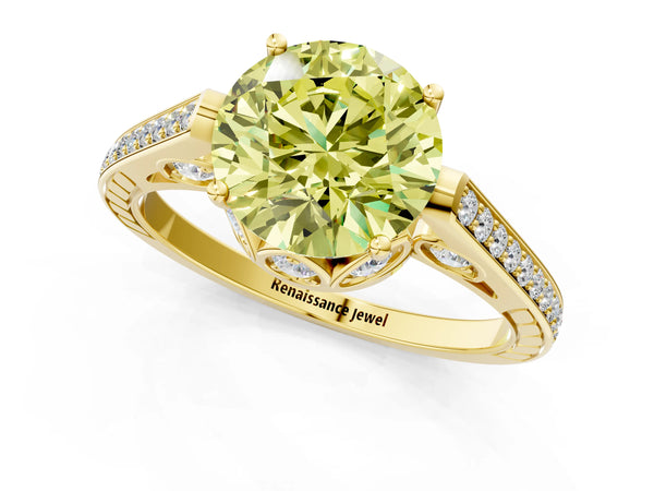 Yellow gold Fancy Yellow Round  Cut Cathedral Pave Diamond Engagement Ring with Six-Prong Setting