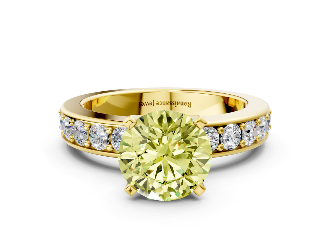 Yellow gold Fancy Yellow Round  Cut Channel Set Diamond Engagement Ring with Four-Prong Setting