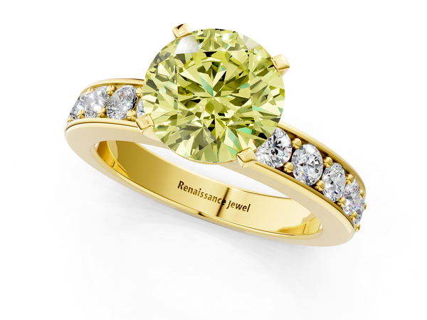 Yellow gold Fancy Yellow Round  Cut Channel Set Diamond Engagement Ring with Four-Prong Setting