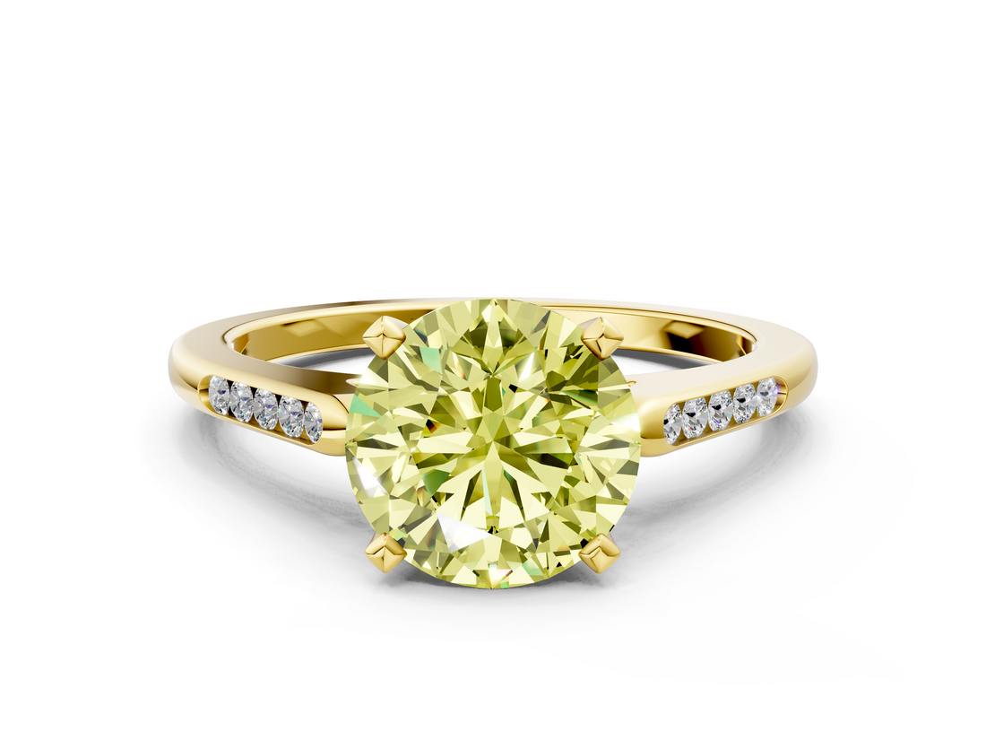 Yellow gold Fancy Yellow Round  Cut Channel Set Solitaire Engagement Ring with Four-Prong Setting