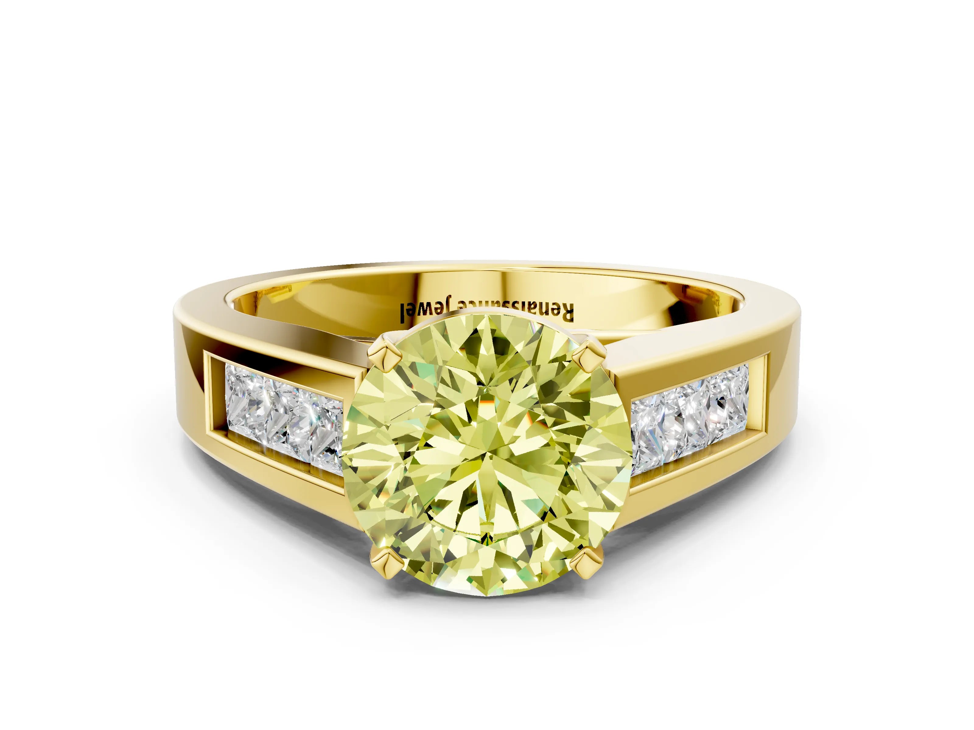 Yellow gold Fancy Yellow Round Cut Cut Channel Set Solitaire Ring with Four-Prong Setting