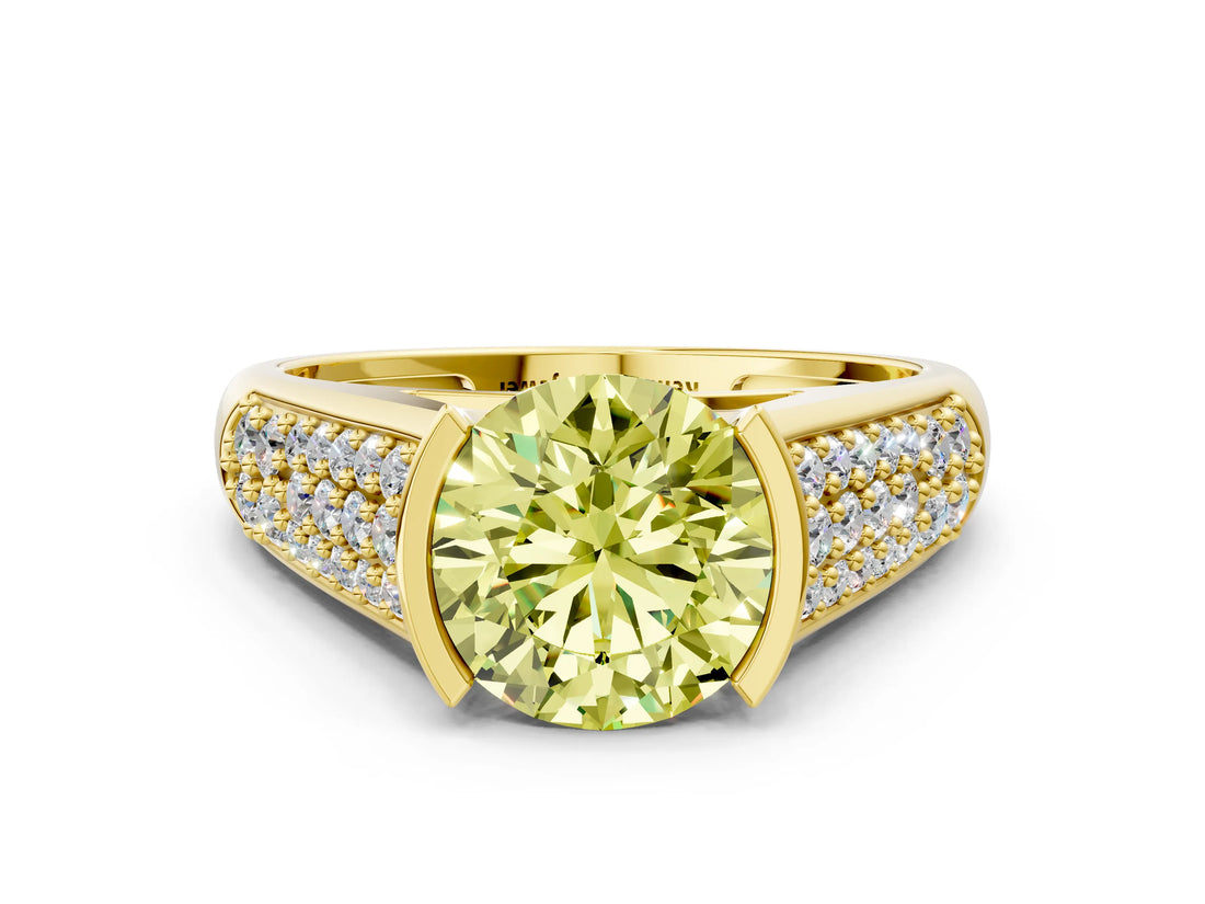 Yellow gold Fancy Yellow Round Cut Cut Diamond Channel Set Pave Band with Tension Prong Setting