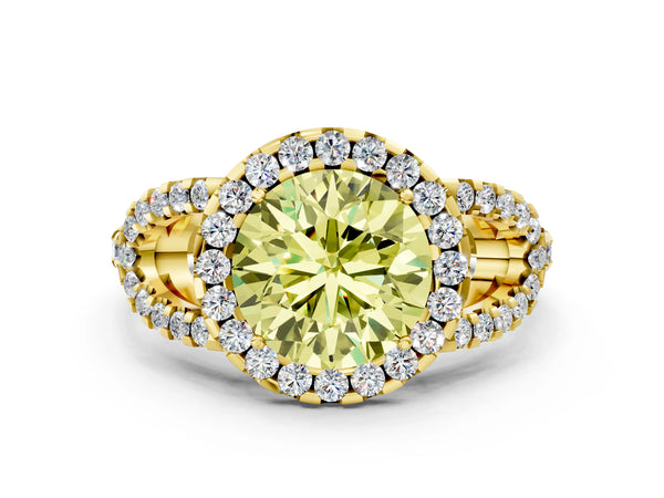 Yellow Gold Round Split Shank Pave Halo Engagement Ring Setting for Fancy Yellow Center