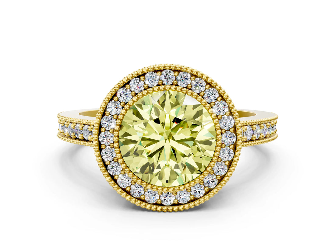 Yellow gold Fancy Yellow Round Cut-Cut Diamond Halo Engagement Ring with Pave Band and Prong Setting