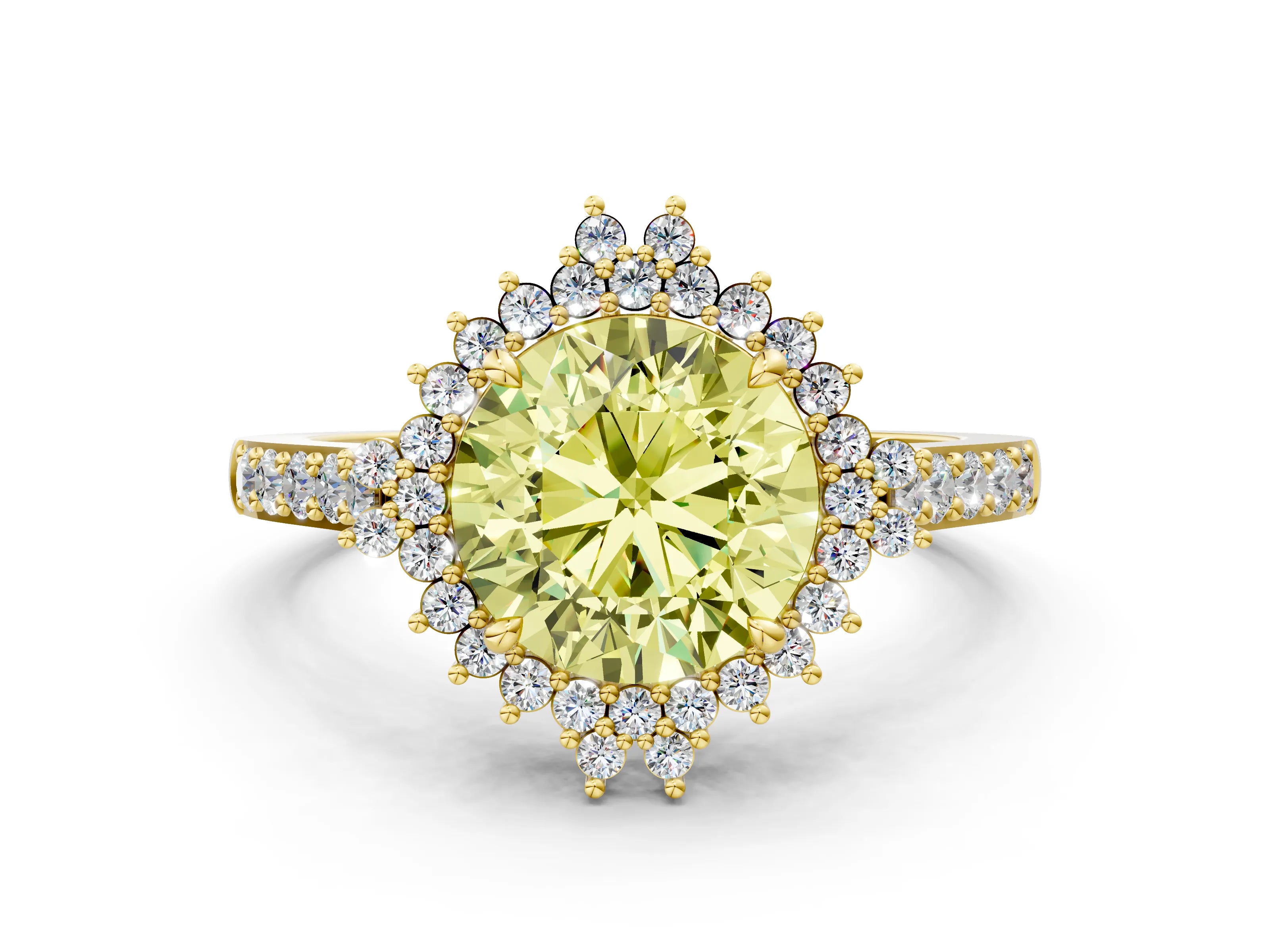 Yellow gold Fancy Yellow Round Cut Cut Diamond Sunburst Halo Engagement Ring with Pavé Band