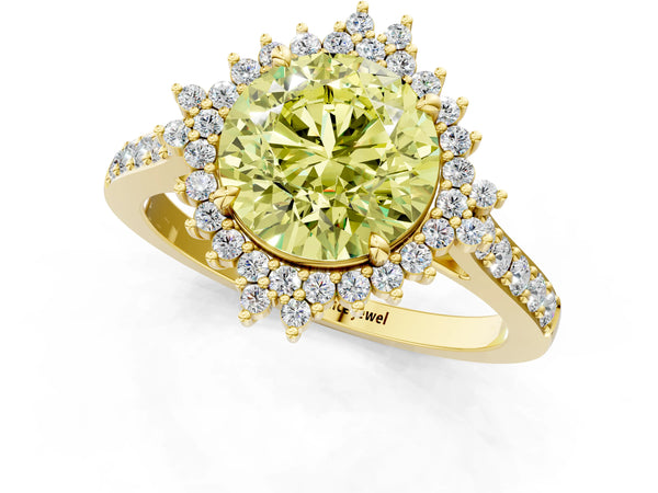 Yellow gold Fancy Yellow Round Cut Cut Diamond Sunburst Halo Engagement Ring with Pavé Band