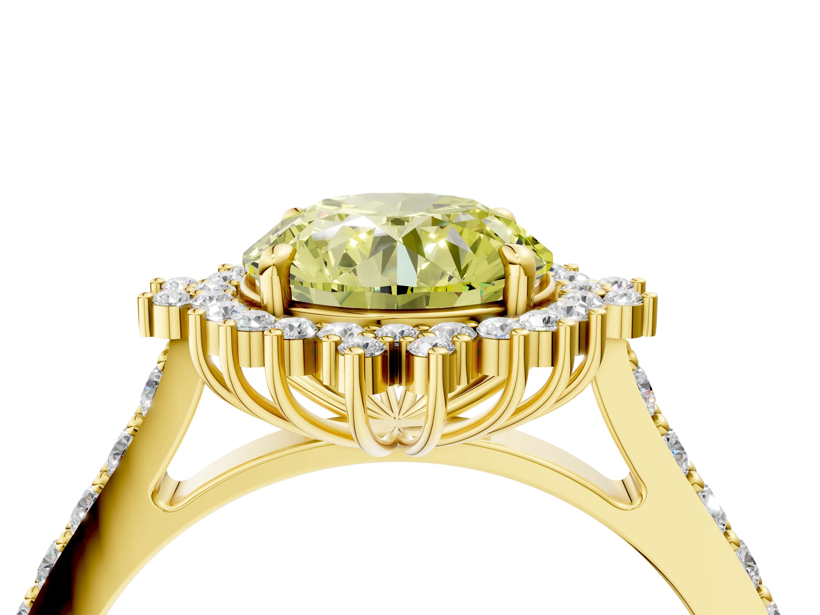 Yellow gold Fancy Yellow Round Cut Cut Diamond Sunburst Halo Engagement Ring with Pavé Band_4