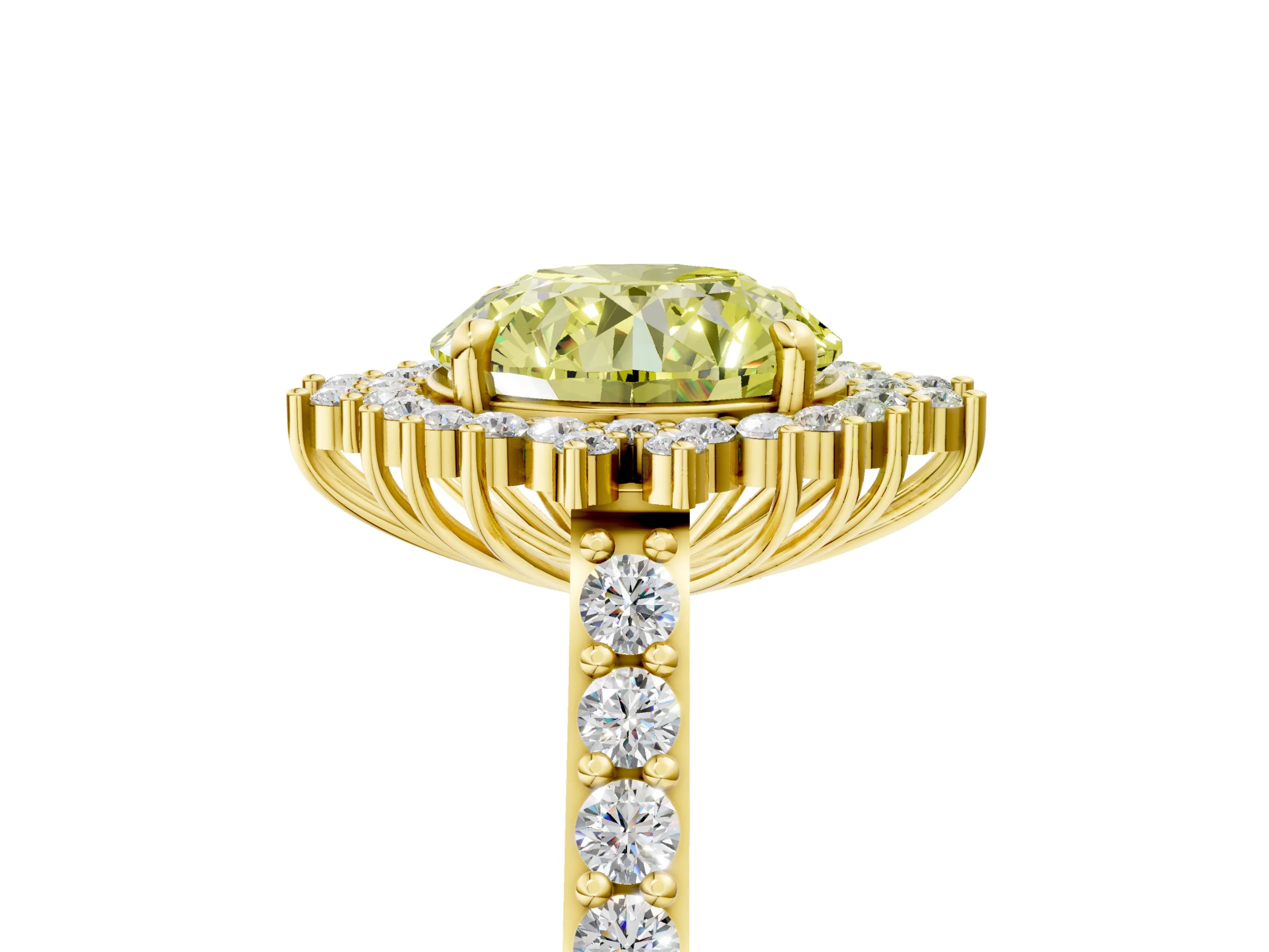 Yellow gold Fancy Yellow Round Cut Cut Diamond Sunburst Halo Engagement Ring with Pavé Band_5