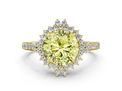 Yellow gold Fancy Yellow Round Cut Cut Diamond Sunburst Halo Engagement Ring with Pavé Band