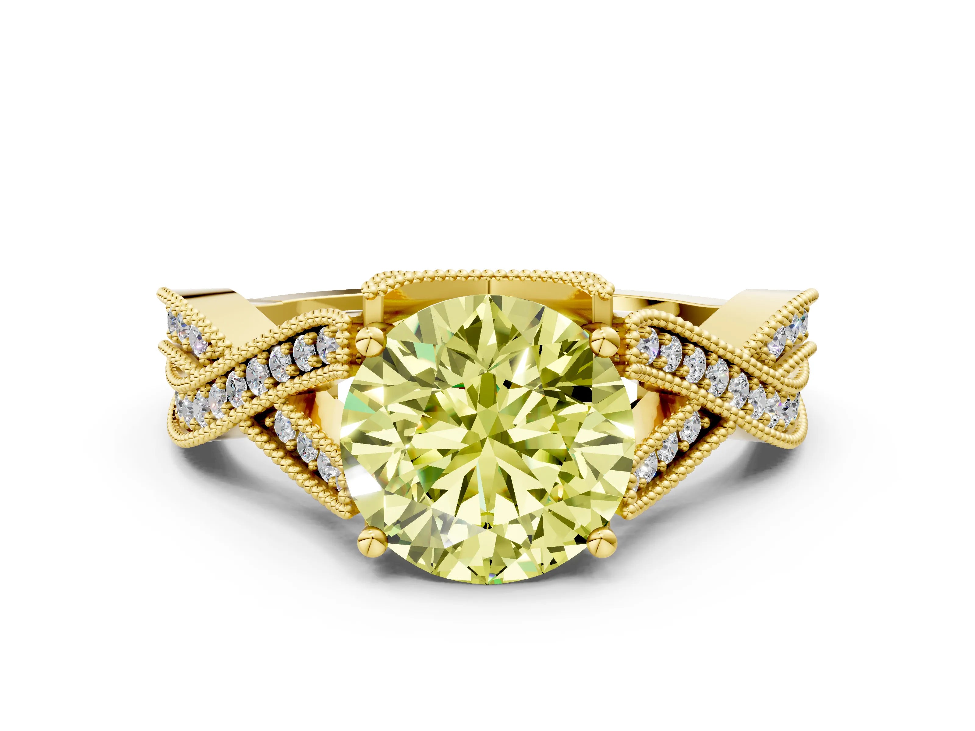 Yellow gold Fancy Yellow Round Cut Cut Diamond Twisted Band with Milgrain Pave Setting and Four-Prong Setting