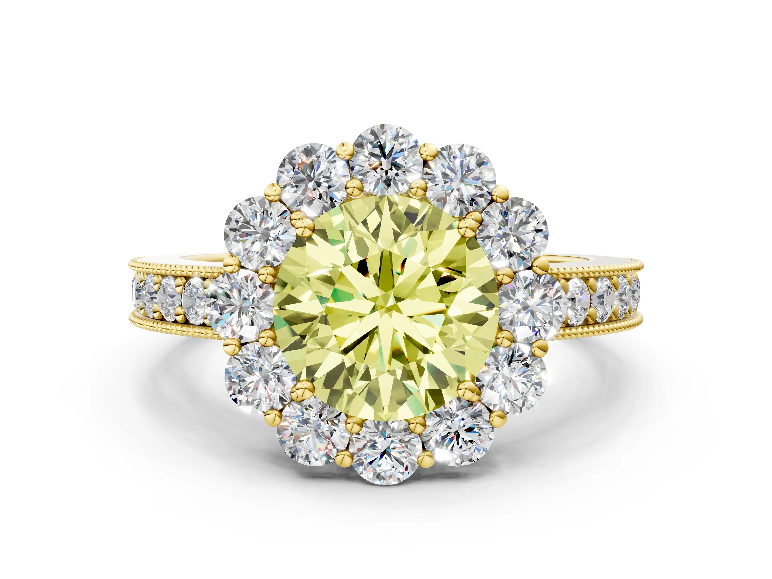 Yellow gold Fancy Yellow Round Cut Cut Halo Diamond Pavé Engagement Ring with Milgrain Detailing