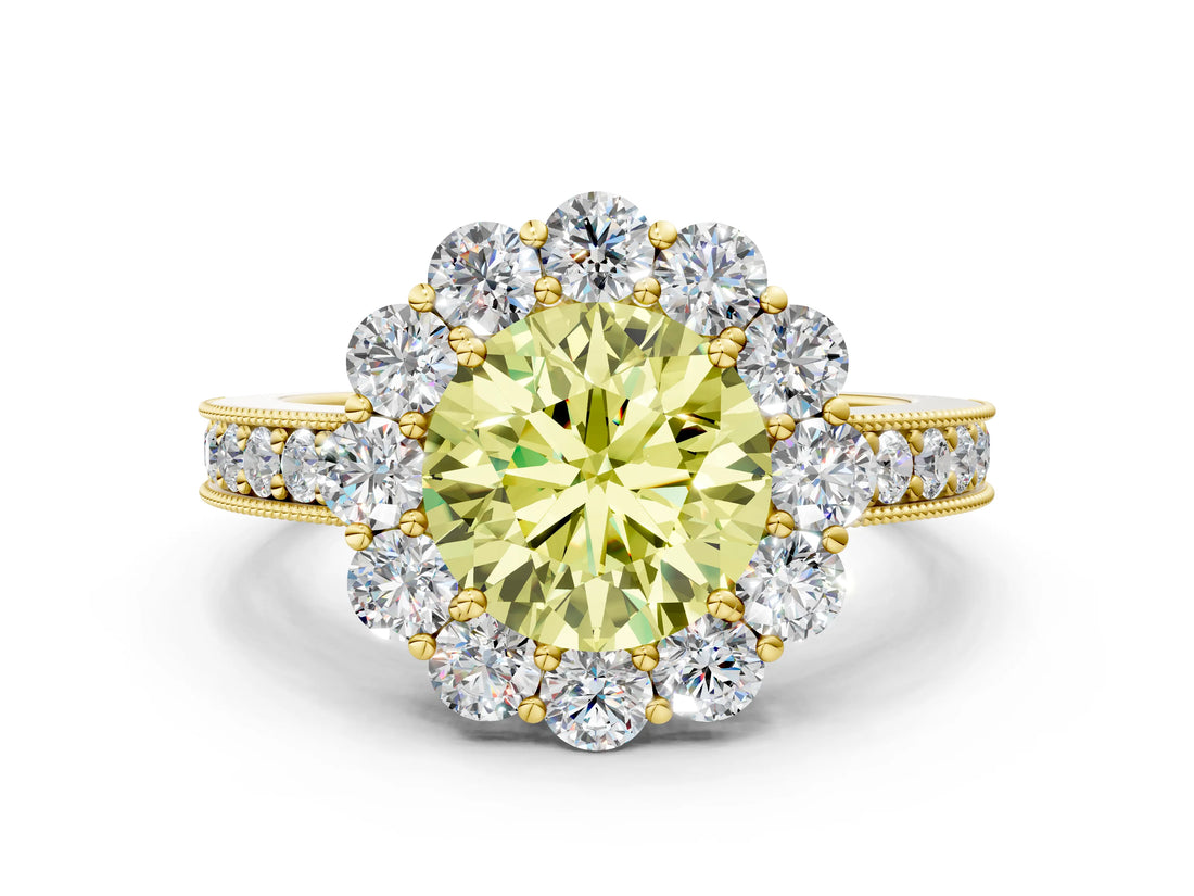 Yellow gold Fancy Yellow Round Cut Cut Halo Diamond Pavé Engagement Ring with Milgrain Detailing