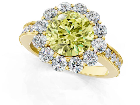 Yellow gold Fancy Yellow Round Cut Cut Halo Diamond Pavé Engagement Ring with Milgrain Detailing_1