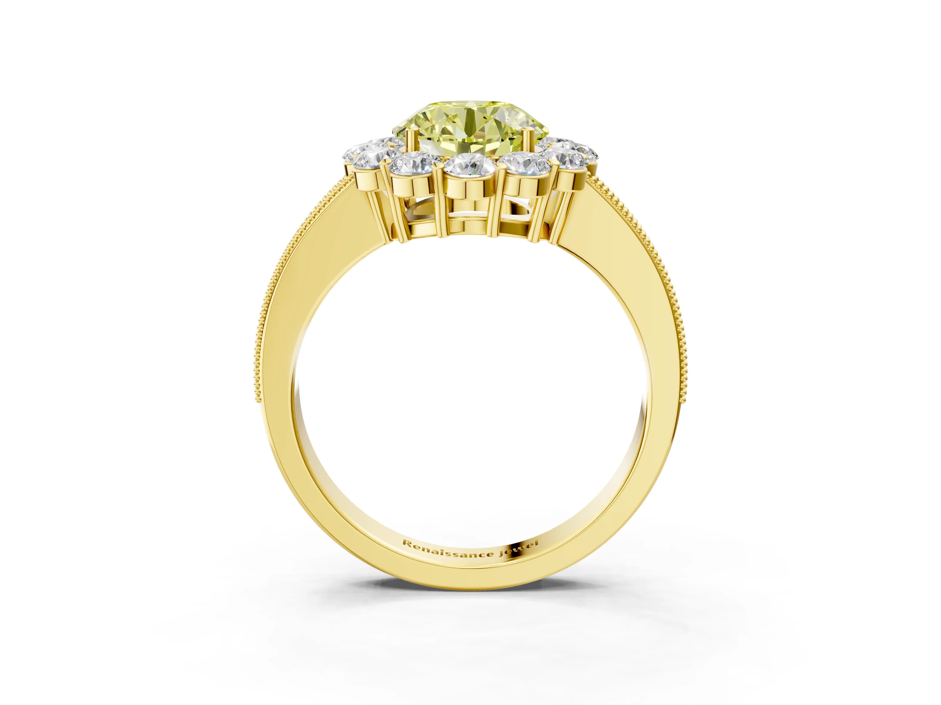 Yellow gold Fancy Yellow Round Cut Cut Halo Diamond Pavé Engagement Ring with Milgrain Detailing_3